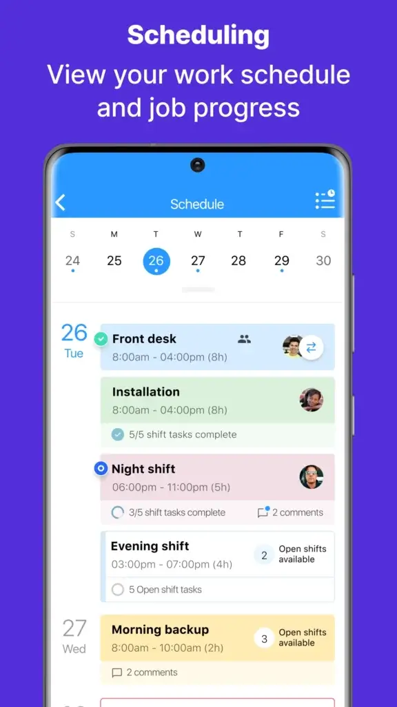 Screenshot of Connecteam's scheduling interface showing daily shifts and task progress