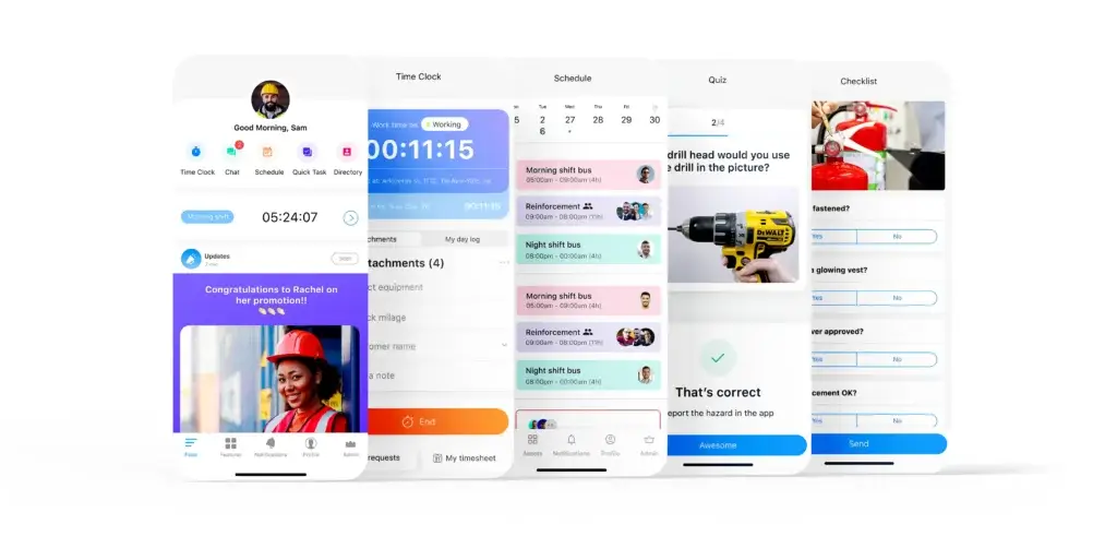 Connecteam mobile app showing time tracking, scheduling, tasks, and training features