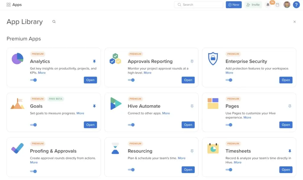 Hive App Library showing premium productivity and workflow management apps