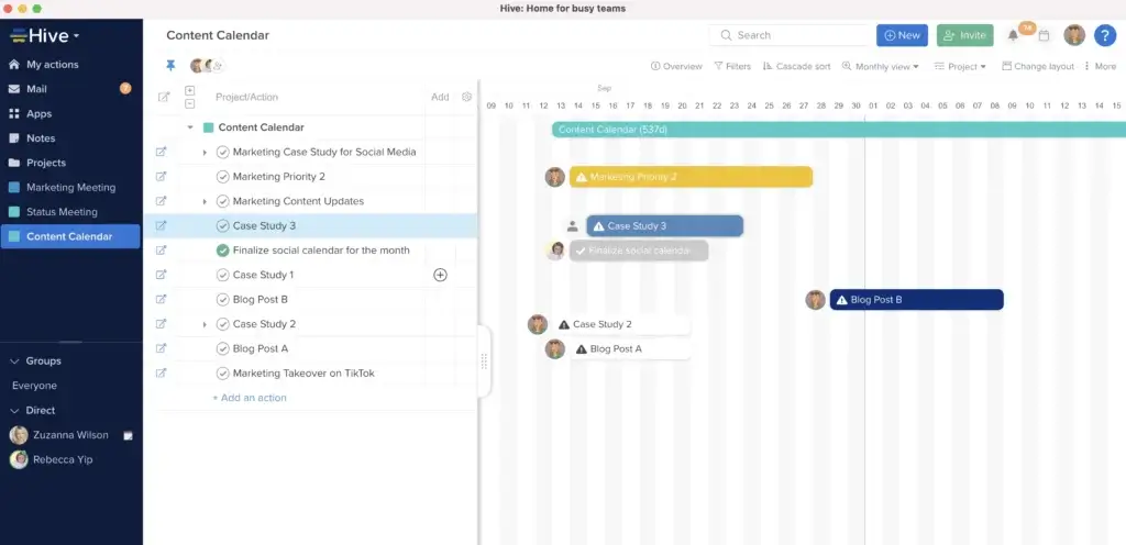 Hive Gantt chart view for content calendar management