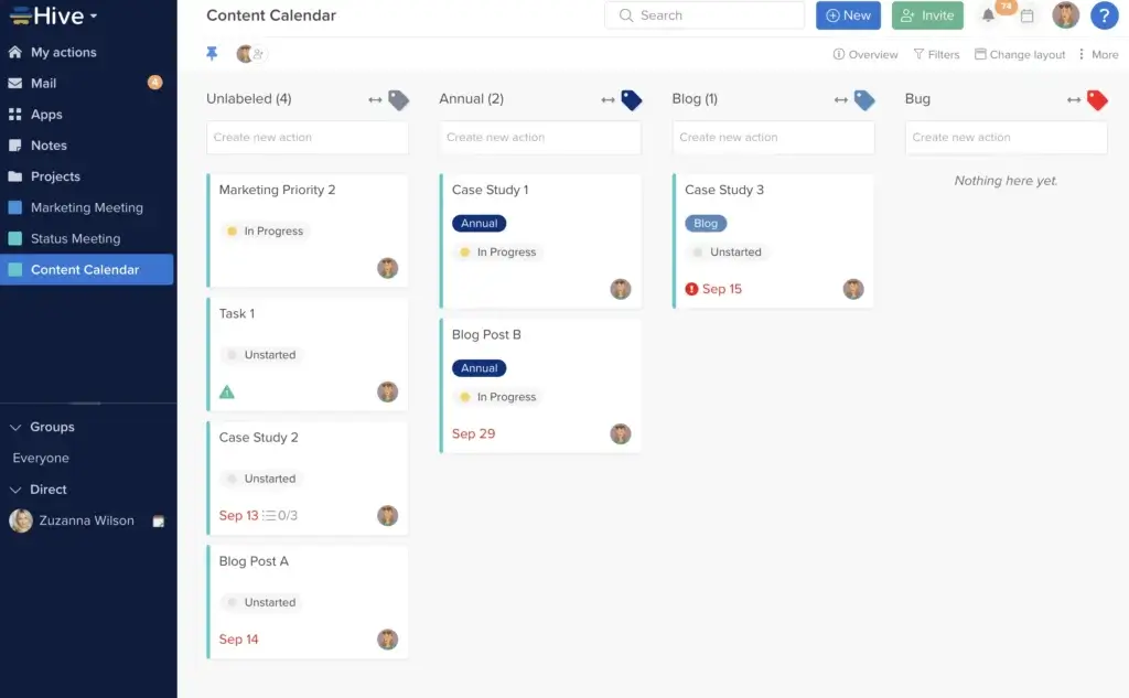 Hive Kanban board view for content calendar organization