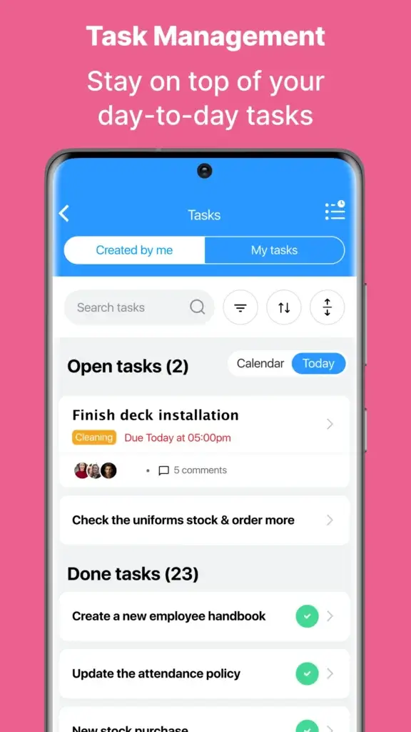Screenshot of Connecteam's task management interface with open and completed tasks