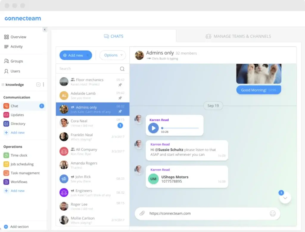 Connecteam chat interface with multiple team conversations.