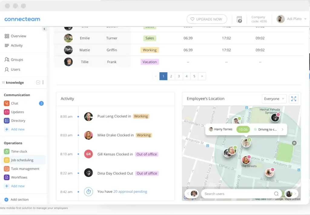 Connecteam time clock with GPS tracking and employee location map