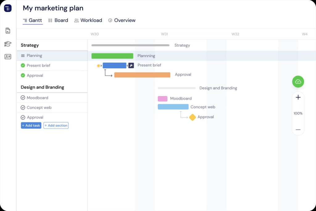 Instagantt marketing plan screenshot showing Gantt chart with task timelines.
