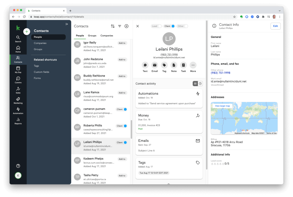 Keap CRM contact record with activity, automation, and contact info.