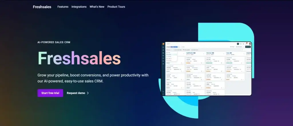 Freshsales CRM homepage showing AI-powered sales tools