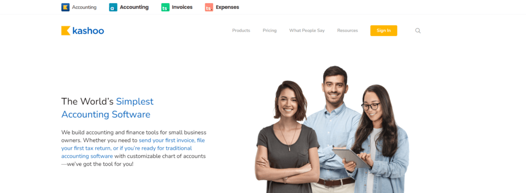 Kashoo homepage showing simple accounting software for small businesses