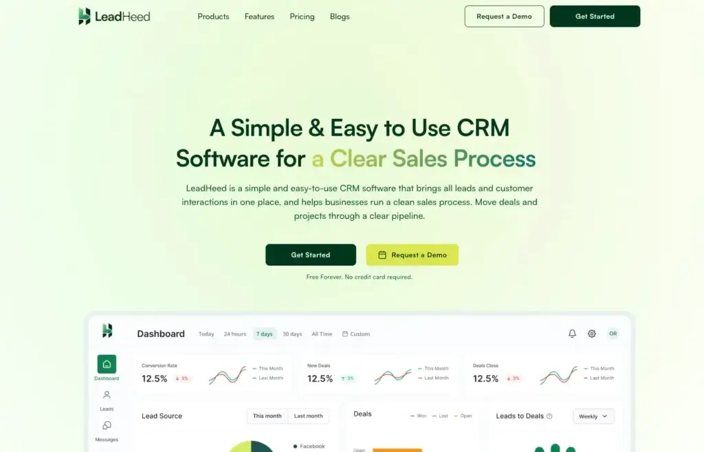 LeadHeed CRM dashboard showing sales pipeline lead tracking analytics and CRM interface for managing customer relationships