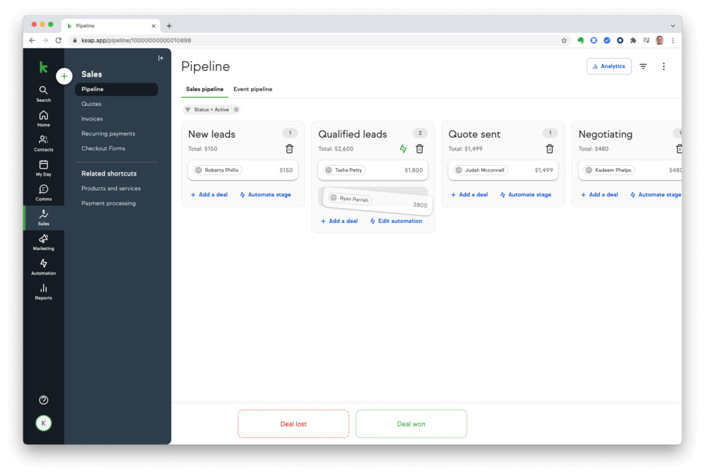 Keap CRM sales pipeline with lead stages and automation options.