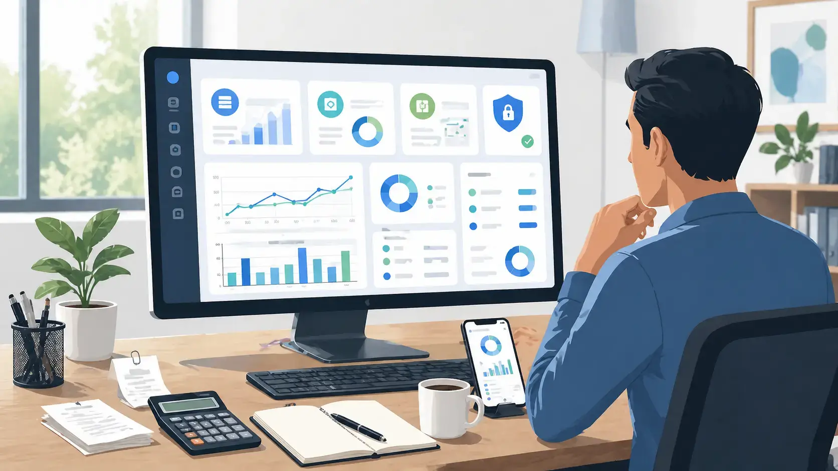 Top 10 best Accounting software. Organized accounting workstation with desktop computer and files