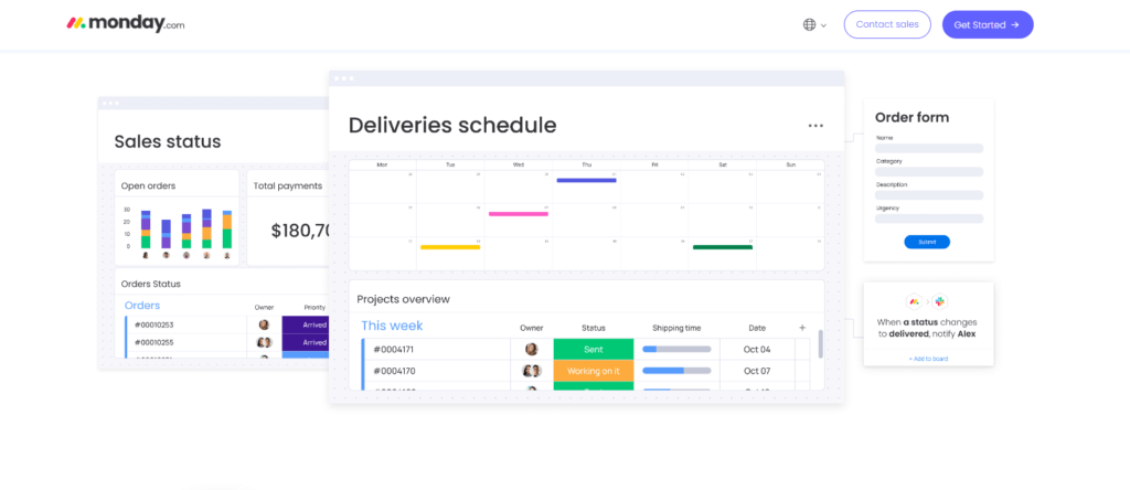 monday.com production management software dashboard with sales and delivery tracking tools.