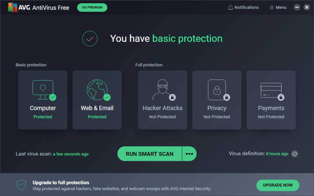 AVG Antivirus Free showing basic protection status