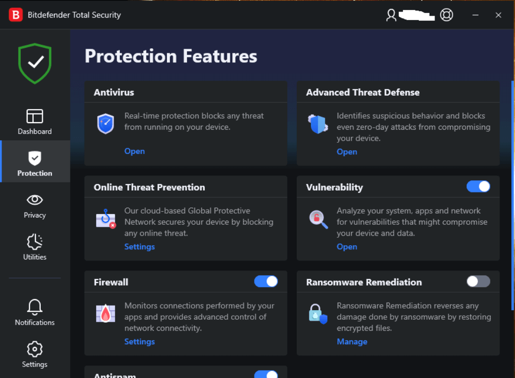 Bitdefender Total Security protection features and real-time threat settings on desktop