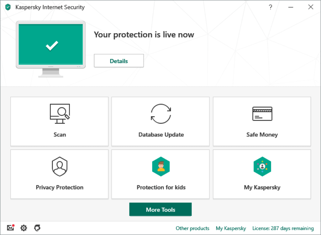 Main interface of Kaspersky Internet Security showing protection status