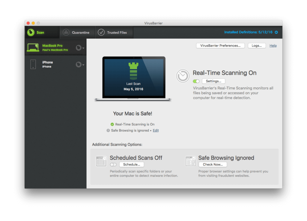 Intego VirusBarrier dashboard showing real-time scanning status and scan options on macOS.