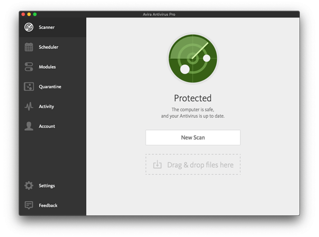 Avira Antivirus Pro dashboard showing protected status and scan options
