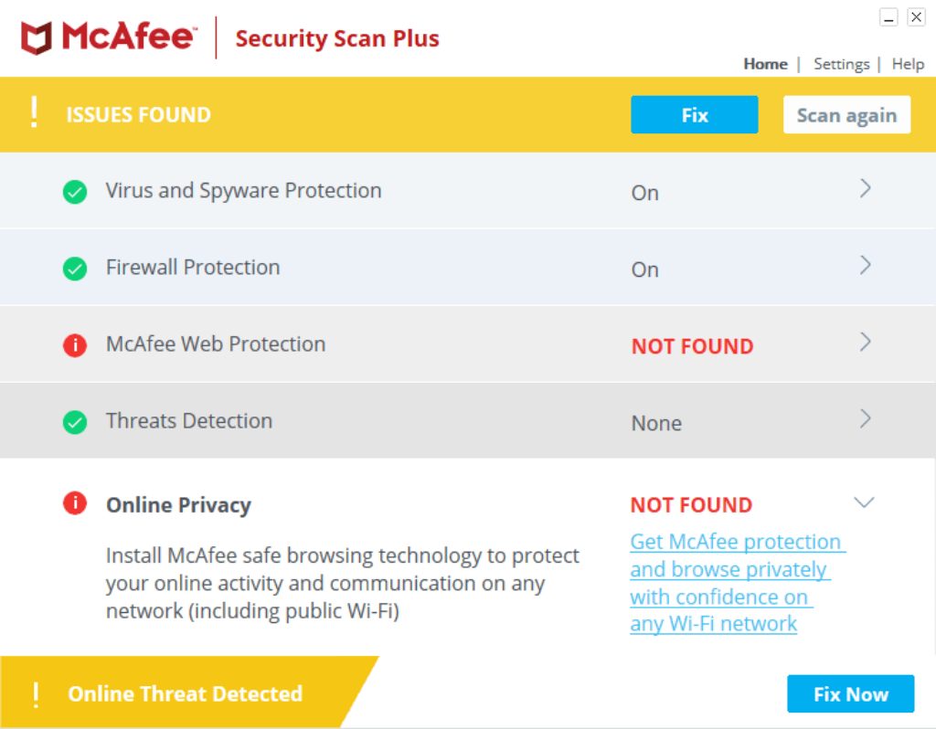 McAfee Security Scan showing missing web protection and online threat warning