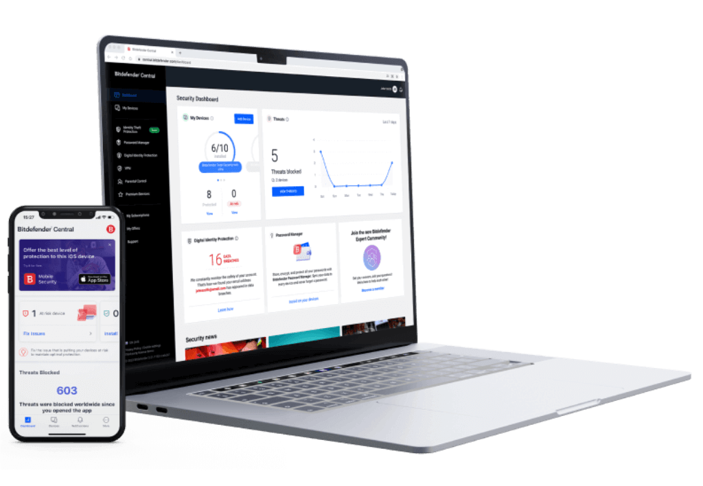 Bitdefender Central security dashboard on desktop and mobile devices