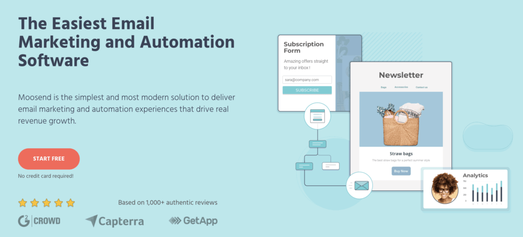Moosend email marketing platform interface showing subscription, automation, and analytics tools