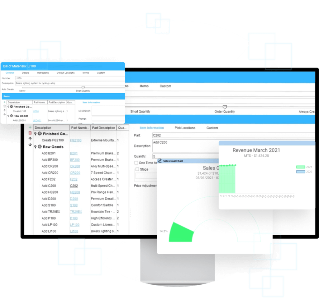 Fishbowl inventory dashboard displaying stock levels and tracking features.