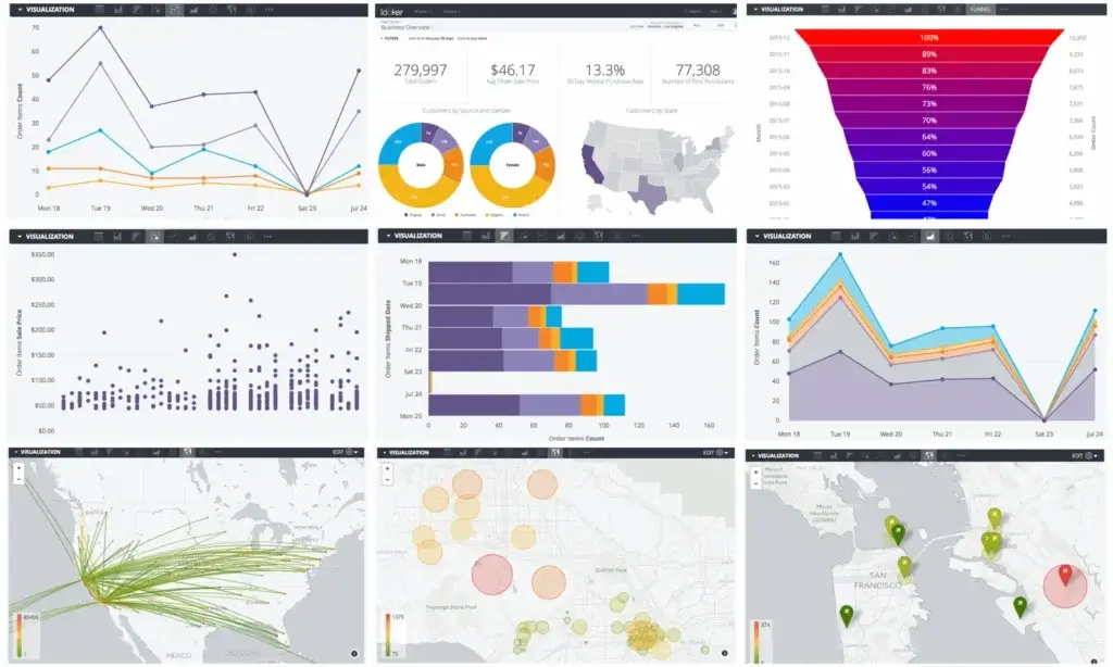 Looker dashboard with charts, maps, and customer metrics