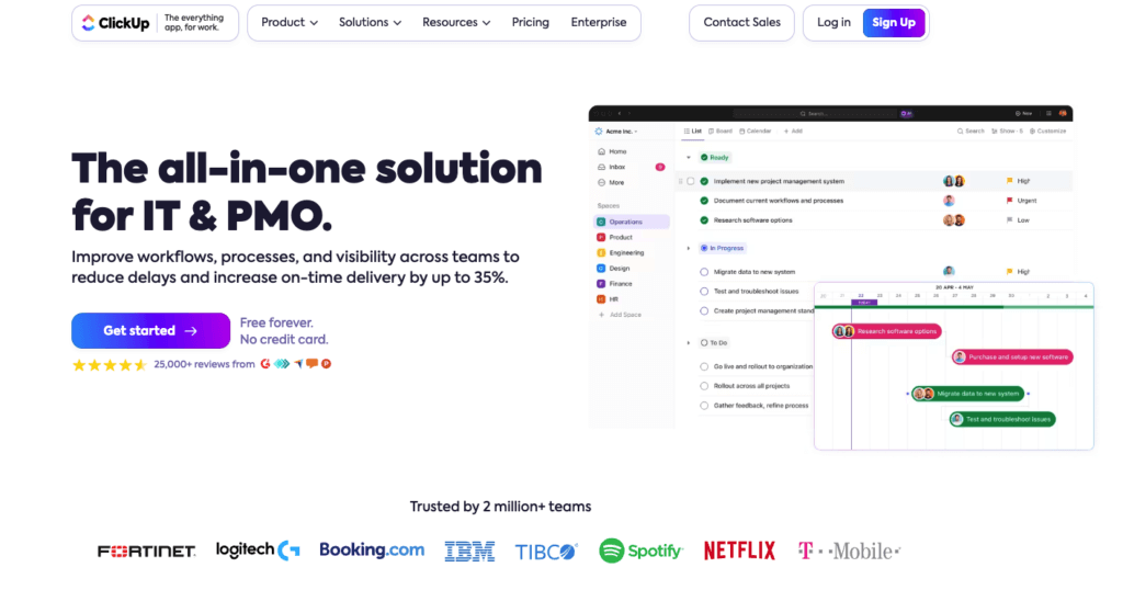 ClickUp homepage highlighting its all-in-one project management solution for IT and PMO teams.