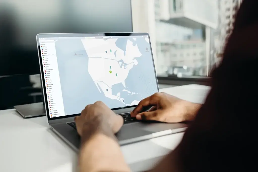 NordVPN app showing North American server map on MacBook