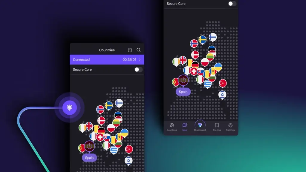Map of streaming-optimized servers with country flags shown in VPN mobile app