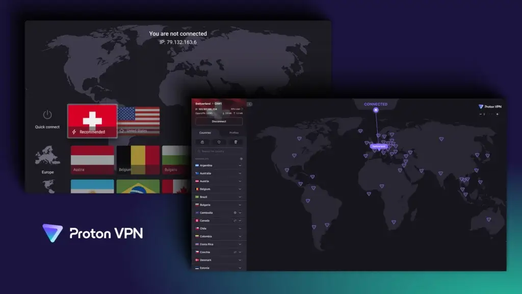 Proton VPN desktop interface showing world map and server connection status