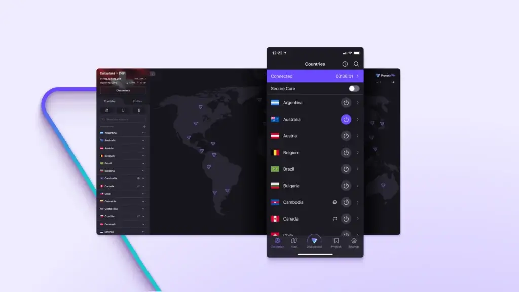 Proton VPN Secure Core toggle on mobile and desktop apps