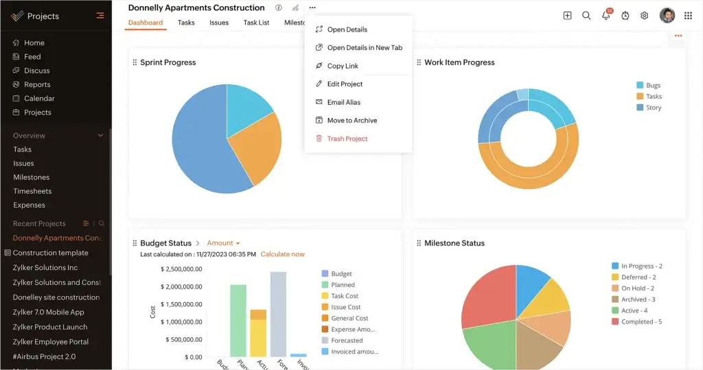 Zoho Projects dashboard displaying project progress charts and budget status.