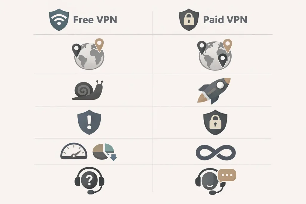 Illustration comparing features of free vs paid VPN services