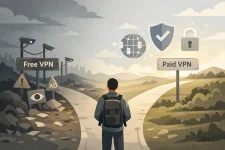 Illustration of a user choosing between free and paid VPN paths