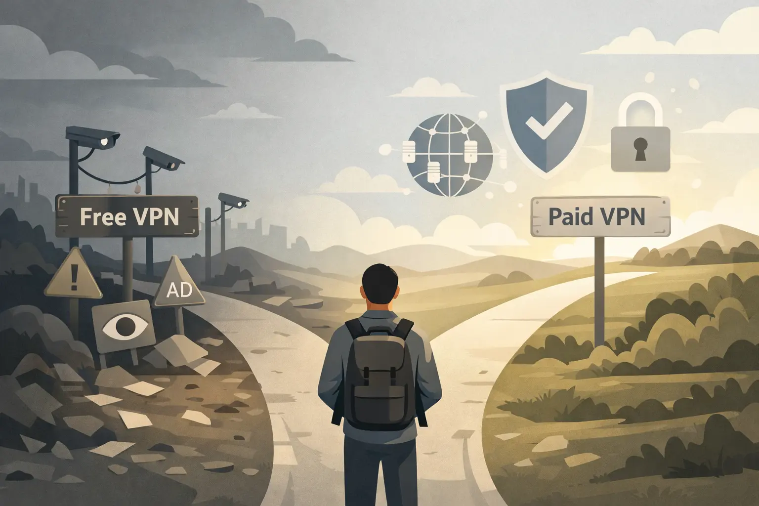 Illustration of a user choosing between free and paid VPN paths