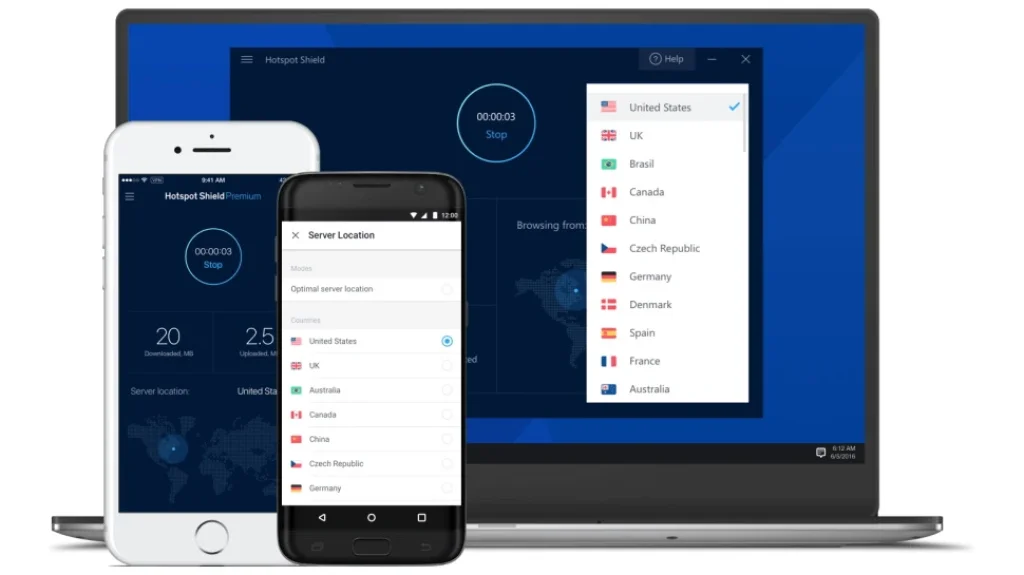 Hotspot Shield VPN app interface on desktop and mobile devices with server location list