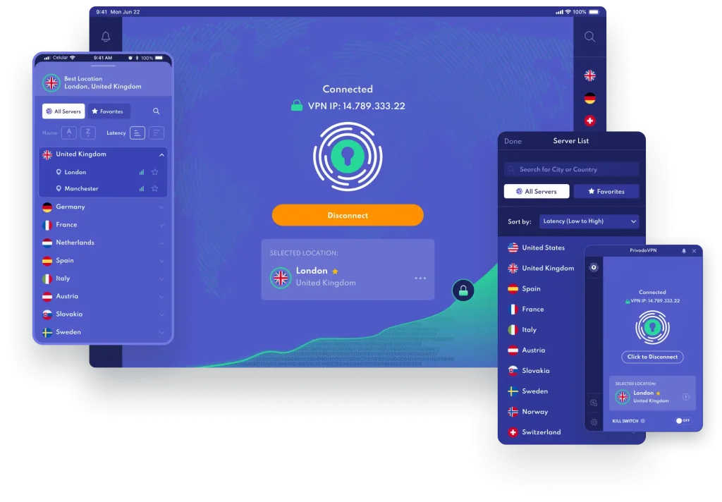 PrivadoVPN server list and connected status on desktop and mobile apps