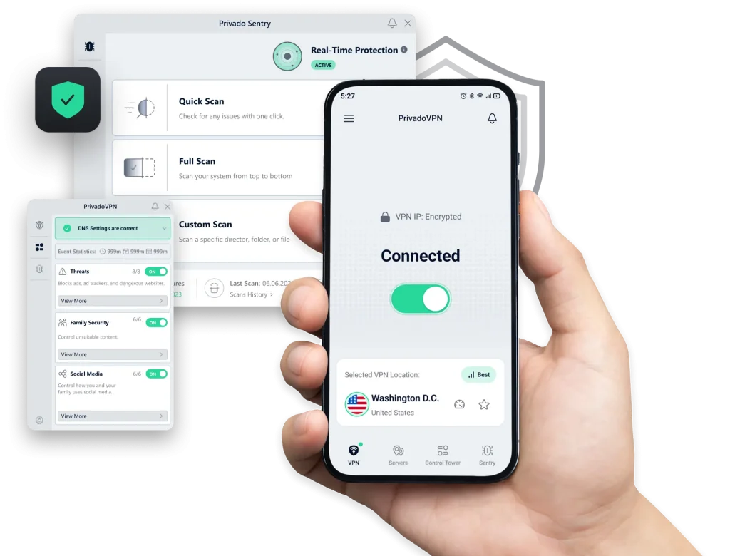PrivadoVPN mobile app showing encrypted connection and Control Tower features