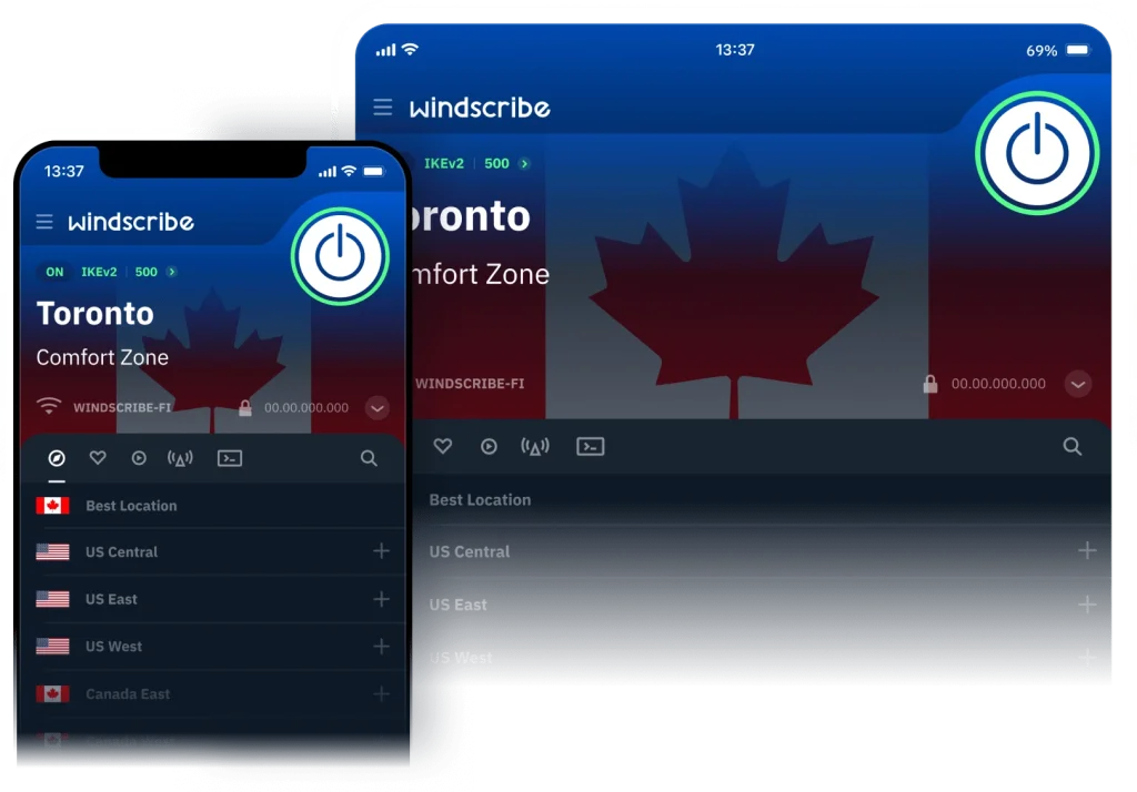 Windscribe VPN app showing Toronto server connection on desktop and mobile