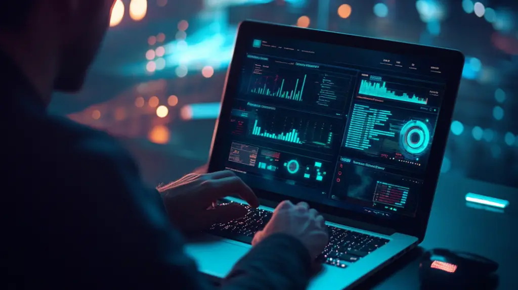 IT professional monitoring system analytics on a laptop.