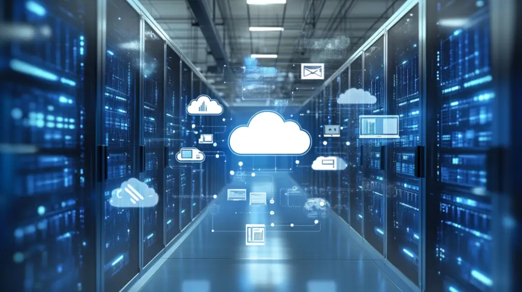Cloud-based ITSM icons over a data center