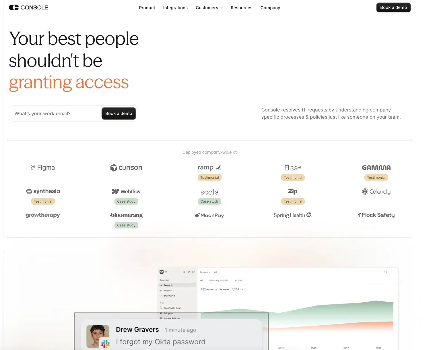 Console AI-powered ITSM platform homepage with dashboard showing IT request analytics and workflows.