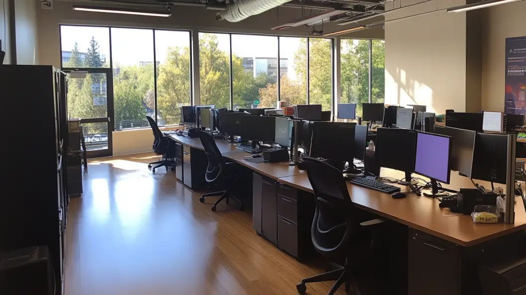 IT professionals working in a modern office with multiple monitors.