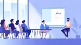 A business professional presenting an ITIL 4 training session to a group of employees in a modern office setting.