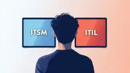 ITSM vs ITIL concept with a person choosing between two options on screens.