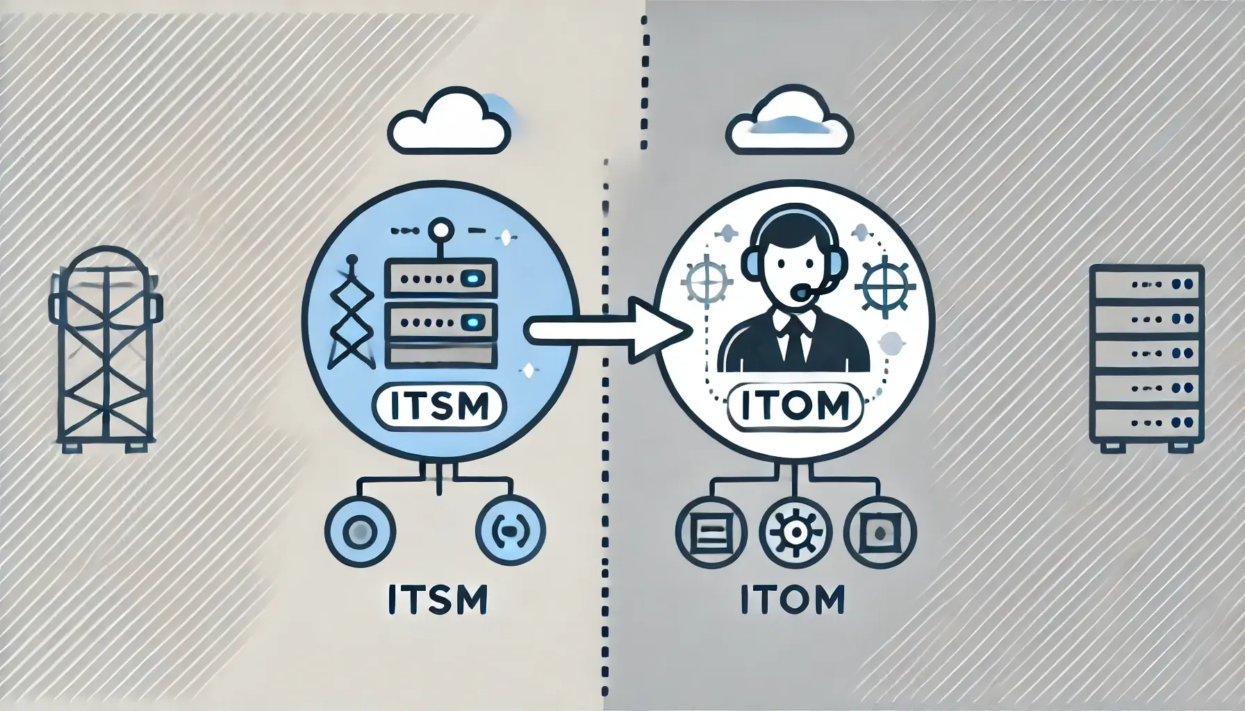 Simple comparison of ITSM and ITOM with service desk and infrastructure icons