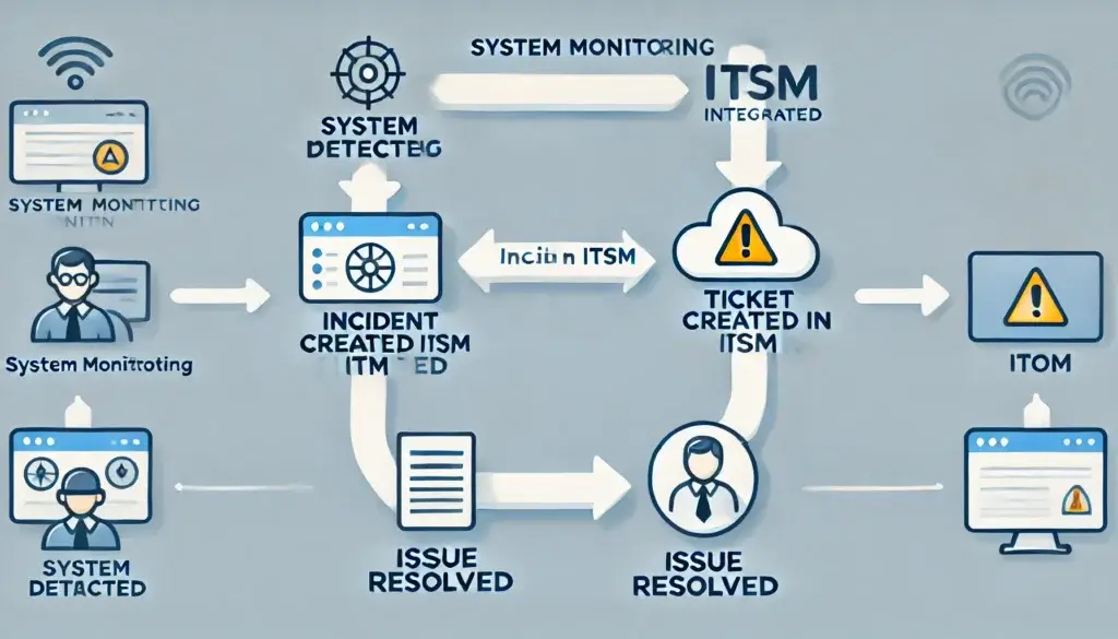 A flowchart showing how ITSM and ITOM work together to resolve incidents