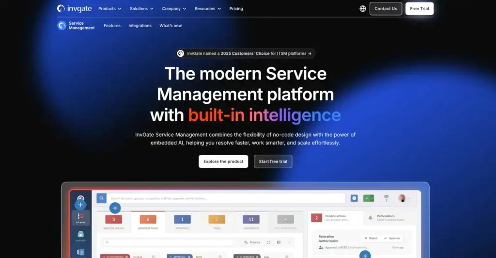InvGate Service Management homepage highlighting AI-powered platform with a modern dashboard and built-in intelligence features