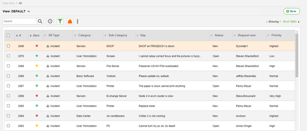 SysAid help desk interface displaying IT tickets and statuses.