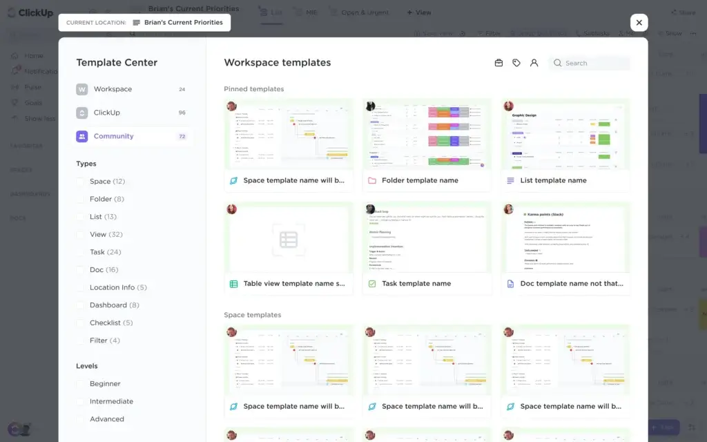 ClickUp template center with project management and workspace templates